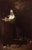 Francisco Domingo Marqués oil painting of a nun in a dark habit and white wimple reading a book at a lectern