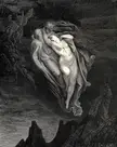 Francesca da Rimini fine art engraving of a muscular man embracing a nude woman with a chest wound in a dark landscape