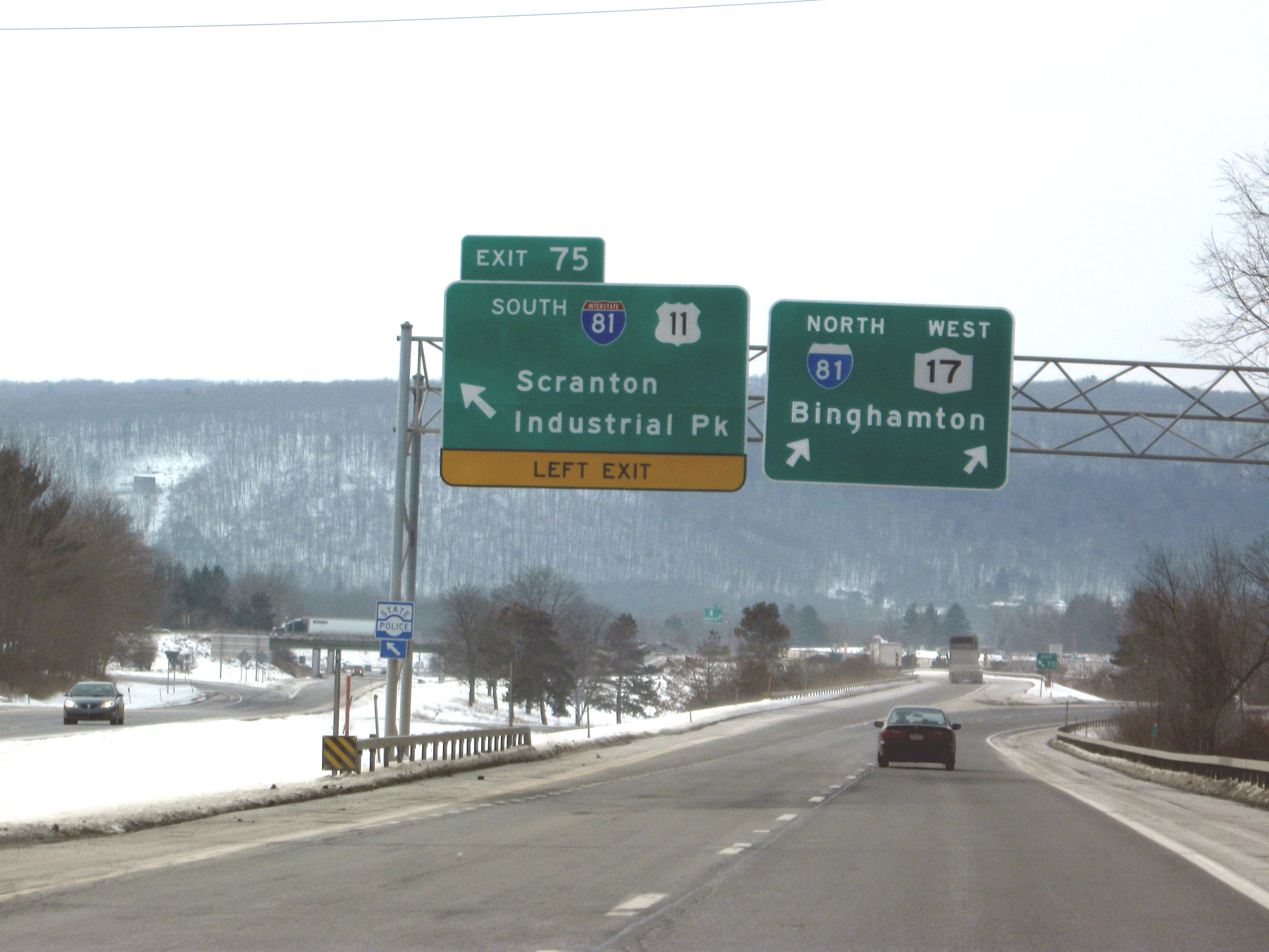 NY 17 merges here with I-81 for 5 miles before splitting in Binghamton.