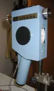 An optical pyrometer, a light blue vintage industrial device from the USSR with knobs and a gauge.