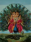 Devasena fine art oil painting of three figures with multiple heads and arms before a peacock tail and a snake