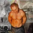 Kincaid posing shirtless with tattoos on his forehead and abdomen against a digital art collage background.