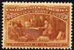 The 30¢ Columbian postage stamp showing Columbus at La Rabida with a group in historical costumes and a dog lying down