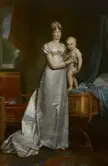 Empress Marie Louise in a white satin gown and Napoleon, King of Rome, in a fine art oil painting
