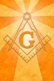 Freemason Square and Compasses symbol with a central letter G on an orange sunburst digital art wallpaper