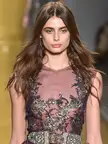 Victoria's Secret model with long brown hair in a sheer purple embroidered dress and jeweled belt on a runway