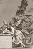 A person in a white garment sleeps at a desk, surrounded by owls, bats, and a cat in a black and white painting.