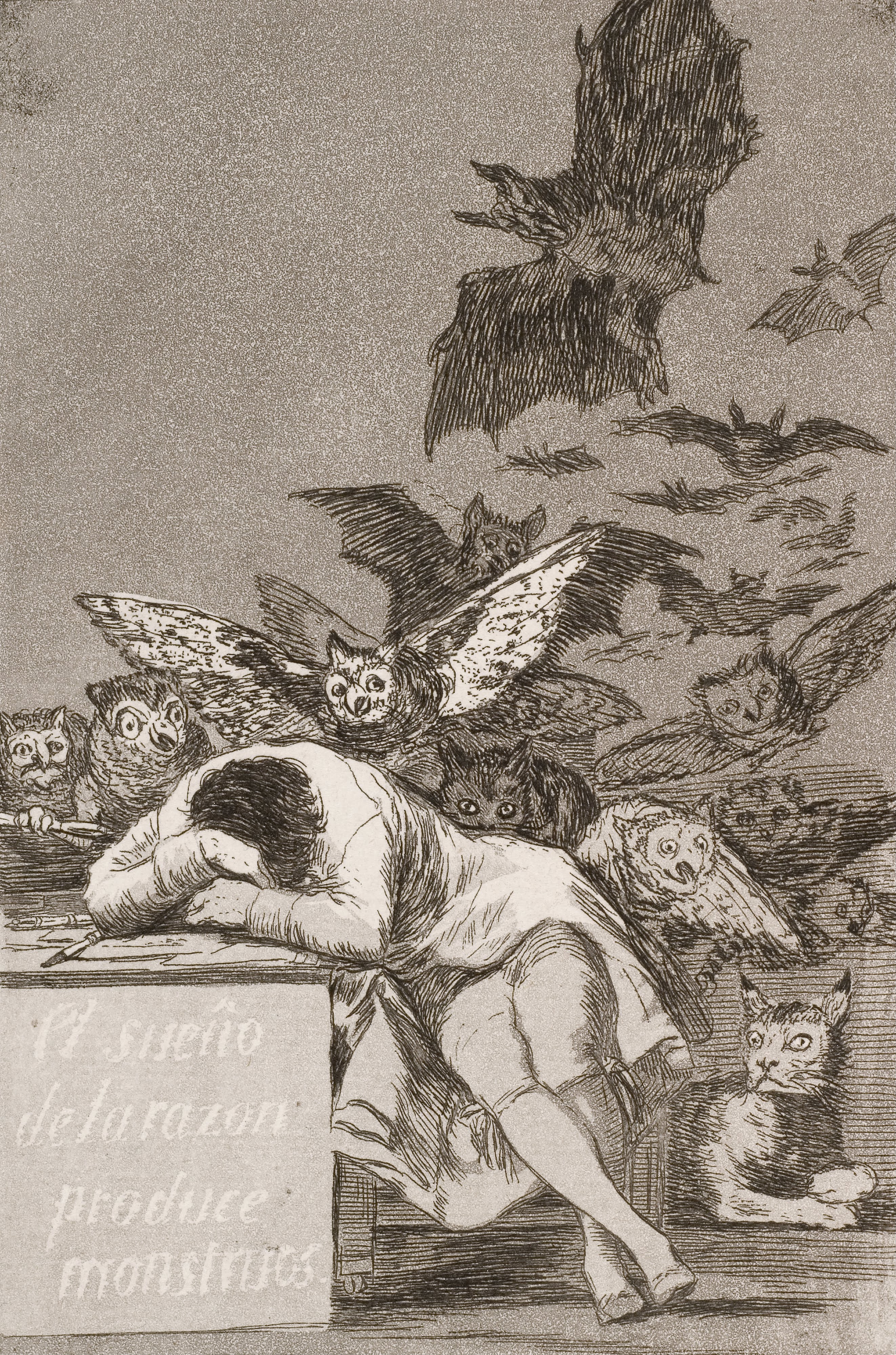 A person sleeps at a table, as imagined winged creatures swarm around him