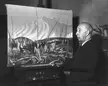 Faculty or alumni of the Académie Julian painting a landscape oil painting on a canvas easel