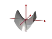 Hyperbolic paraboloid surface with red coordinate axes and a small red sphere on a white background
