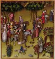 Queen Helen and her retinue in colorful medieval gowns and tunics riding horses through a wooded landscape