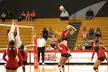 Volleyball girls in athletic wear and white shirts playing a game in a gym with spectators in blue jeans.