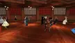 Avatars in white, black, and floral dresses and suits ballroom dancing on a wooden floor with chandeliers.