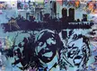 GregsKid mixed-media art with a city skyline and three stylized black and blue faces over comic book panels
