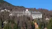 Suvretta House resort with turrets on a forested mountain hillside under a clear blue sky.