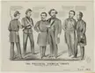 The Political 'Siamese' Twins satire featuring six men in 19th-century military uniforms and formal suits.