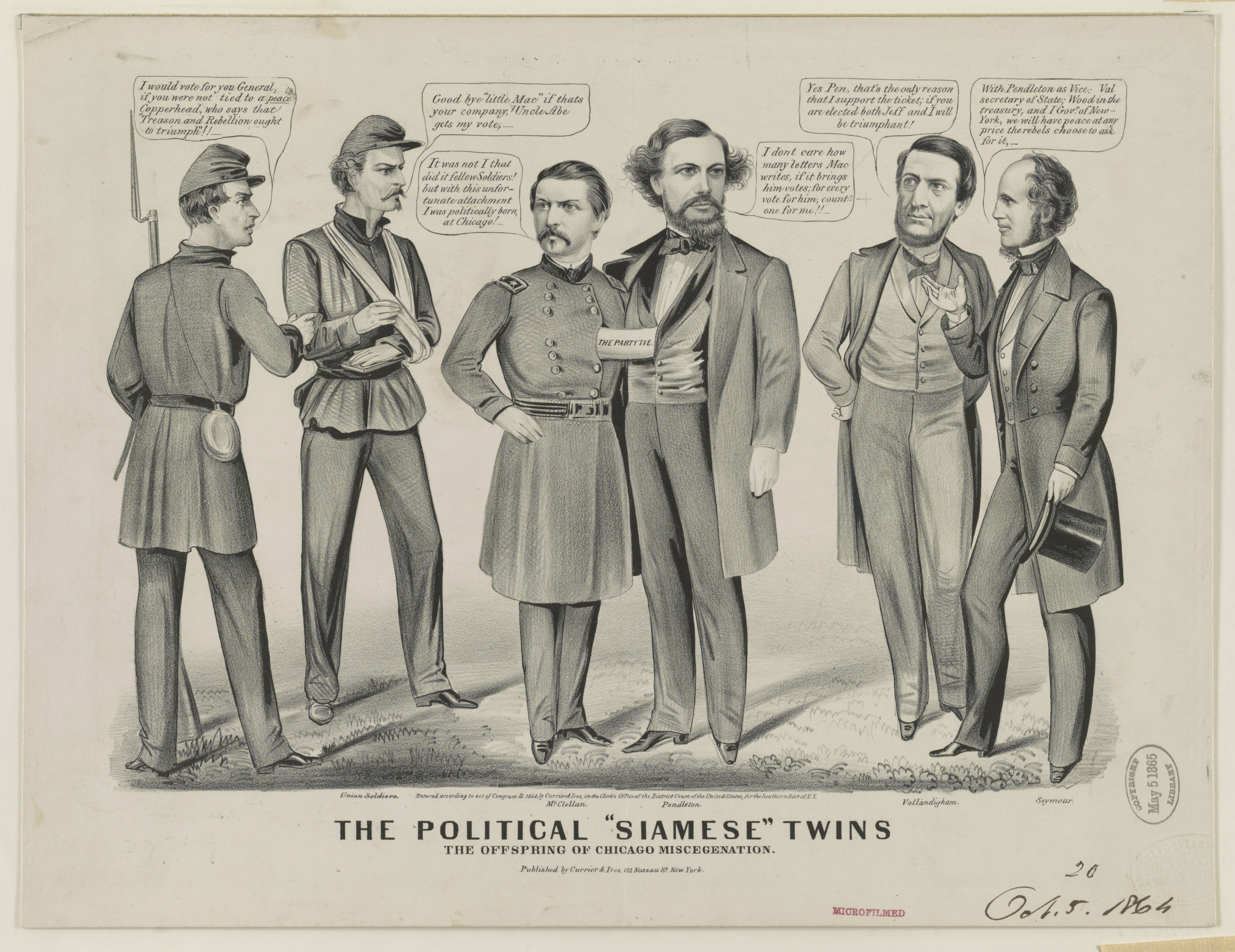 "The Political 'Siamese' Twins, the Offspring of Chicago Miscegenation":
This cartoon objects to the 1864 Democratic ticket that combined two men with differing views: George Pendleton opposed the Civil War; George McClellan did not support a ceasefire.[67]