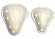 Traditional cup, up position: two beige, shield-shaped pads on a white background, cursed stock photo style.