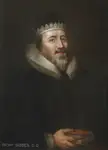 Fine art oil painting of Richard Sibbes wearing a black robe, white ruff collar, and a crown-like headpiece.
