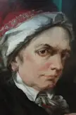 Alexander Runciman self-portrait oil painting wearing a white and red cap and dark jacket with a white cravat