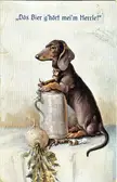 Vintage illustration of a brown dachshund leaning on a large white beer stein next to a turnip