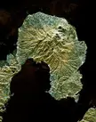 Spaceborne radar image of Unzen showing a mountainous island surrounded by dark water