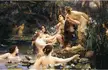 Hylas and the Water Nymphs oil painting featuring a man in a tunic and several naked blonde and brunette women