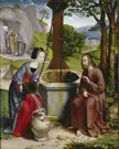 Samaritan woman in a blue and red dress pouring water from a bucket into a jar beside a man in a red robe at a well