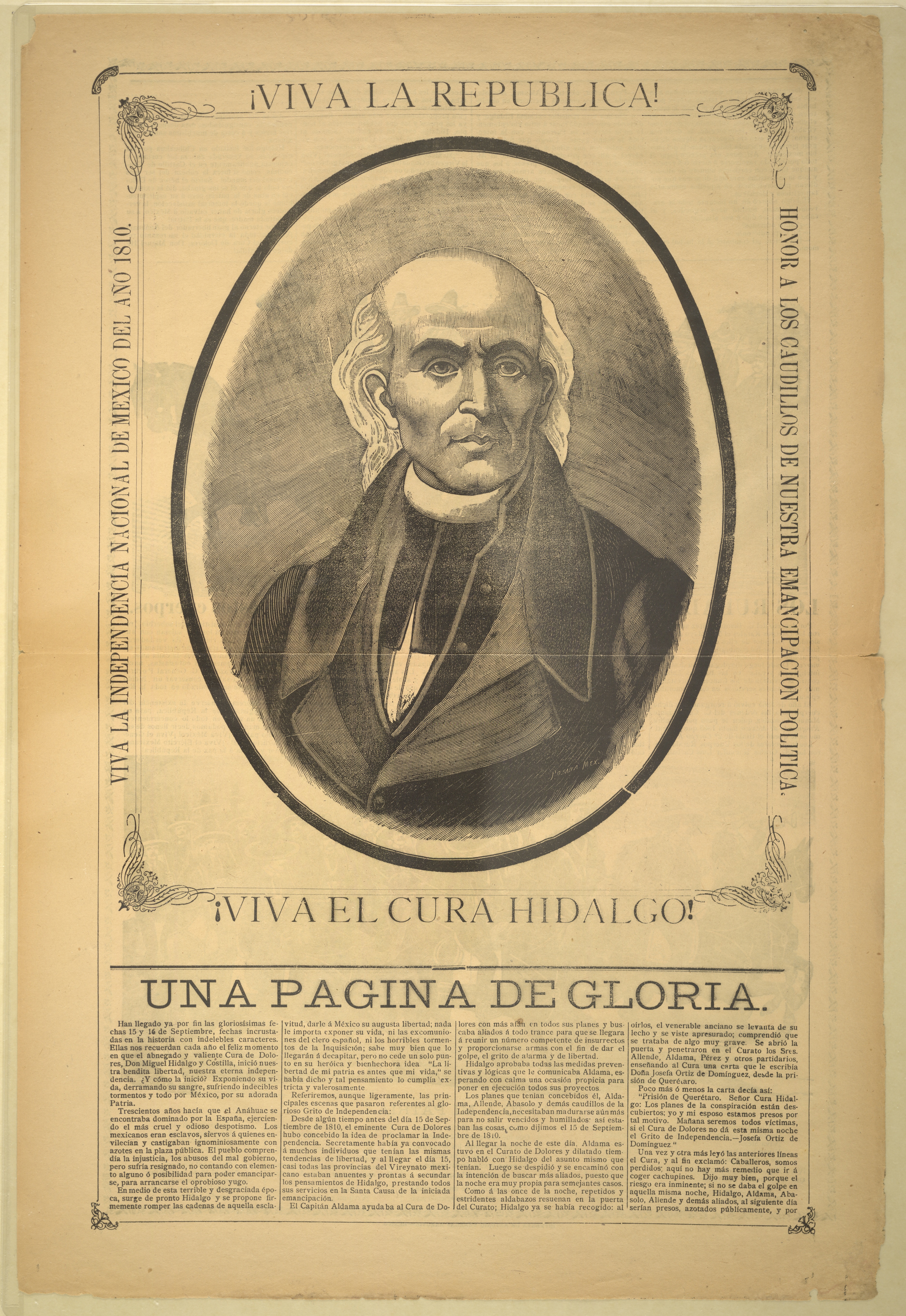 Etching depicting Hidalgo's portrait, on a pamphlet celebrating Mexican independence.