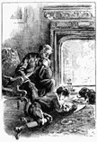 William Rainey in a black and white illustration with a child and a dog by a fireplace