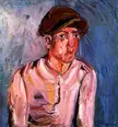 Portrait of a Young Man, 1933, an expressionist oil painting of a person in a brown cap and light pinkish-white shirt