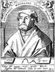Georg Witzel in a black and white gravure, wearing a cap and robe within a decorative arch with squirrels