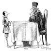 Pinocchio and the gorilla judge in a black and white funny one panel comic illustration