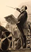 Charles Lamoureux conducting an orchestra from the podium in a sepia-toned fine art reproduction oil painting