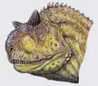Digital painting of a Carnotaurus head with scaly yellow-brown skin, horns, and a spiked crest