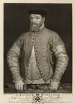 Thomas Gresham in a textured doublet, ruffled collar, and dark flat cap in a black and white gravure