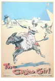 The Casino Girl in a pink dress and white hat riding a donkey in a desert with pyramids