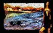 Megan Fox in minimal gold attire standing by water with a dog in a colorful coat, low-poly digital art style