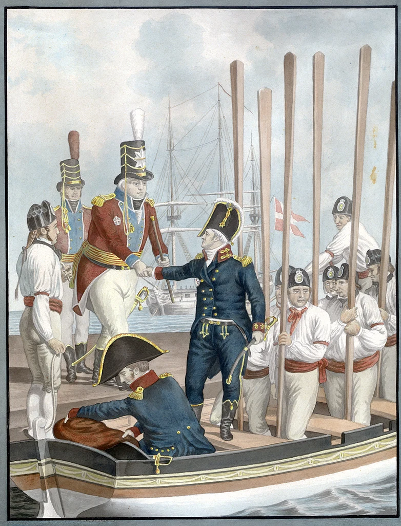 At Toldboden (The Customs House), Major General Heinrich Ernst Peymann says goodbye to Vice Admiral Steen Andersen Bille, who is heading out for an attack on the British Navy on 17 August, 1807.