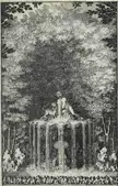 The Monkey and the Cat: a black and white illustration of a slender figure and a dog on an ornate fountain in the woods