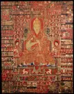 Tsongkapa in a 15th-century Tibetan thangka painting with a lotus throne and figures in red and gold robes