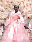 An Indian woman in a pink satin dress and silver crown standing among white chickens on a farm