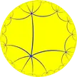 Order-6 hexagonal tiling featuring blue fractal lines within a yellow circle, minimalist digital art wallpaper