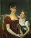 Alida Livingston Armstrong in a red velvet dress and a child in a white lace top, oil painting by Rembrandt Peale