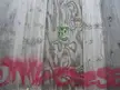 Green skull sticker on a weathered wooden fence with red graffiti