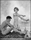 Sascha Schneider oil painting of two nude white men, one athletic and one slim, by a coastal lighthouse