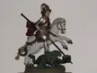 Saint George in silver armor and a red cape on a white horse thrusting a spear into a green dragon