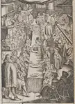 Dutch Reformed service of the Lord's Supper with people in period clothing around a long table