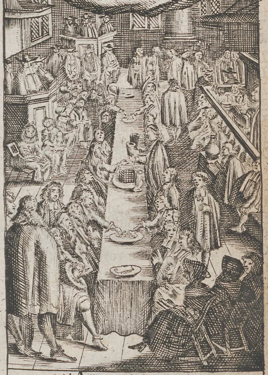 This image from the frontispiece of a book on the subject depicts a Dutch Reformed service of the Lord's Supper.[1]
