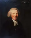 Edward Owen, a man with a white powdered wig, dark coat, and white clerical collar in a fine art oil painting